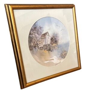 Vintage Barbara Krupp "Lake House" Watercolor Art Print Signed Framed Gift 10"